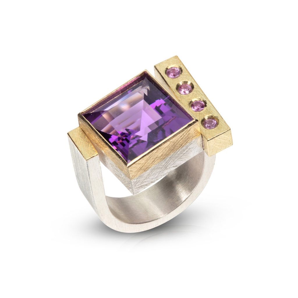 18ct Gold and Silver Ring with Amethyst Square (12x12 mm, 8.10ct) and Pink Sapphire (2.5mm, 0.2ct)