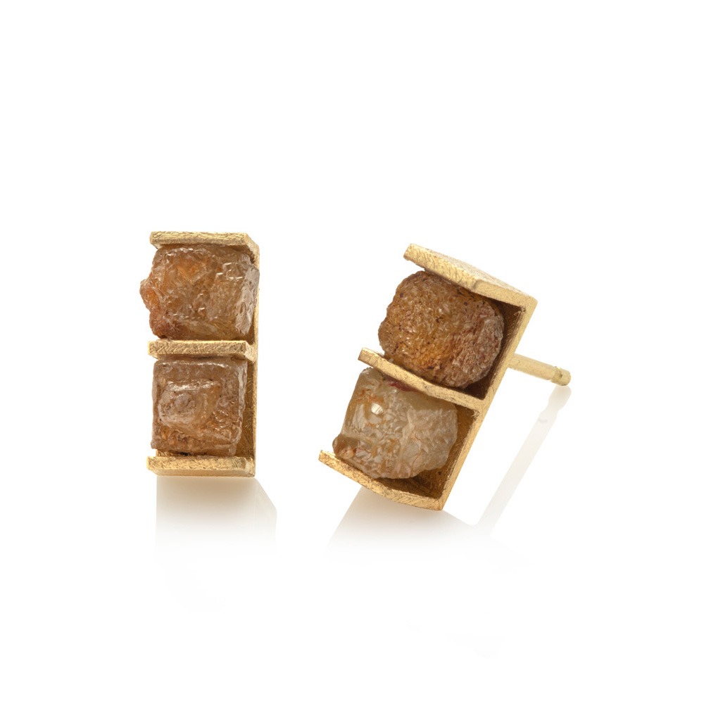 18ct Yellow Gold Earrings with Double Rough Diamond Cubes (1.70ct, 3.5mm diameter)