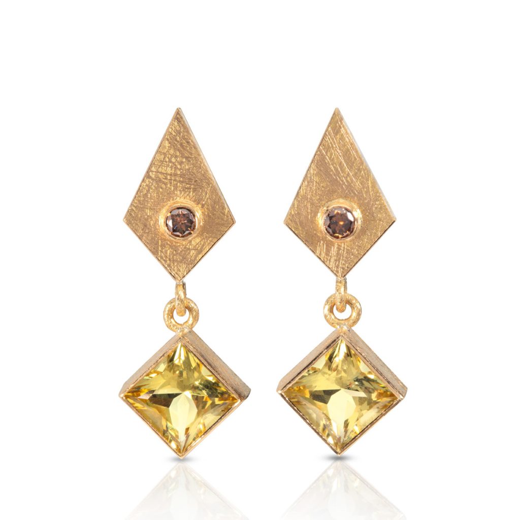 22ct Gold and Silver Earrings with Square Yellow Beryl (7.5 x 7.5mm, 3.15ct) and Round Brown Diamonds (2.5mm, 0.12ct) – Kite Shape Top