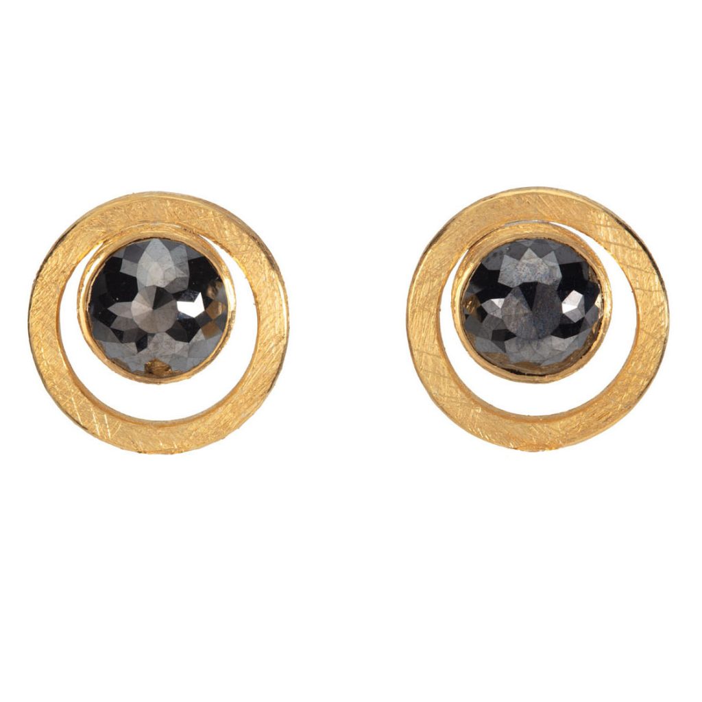24ct Gold and Silver Earrings with Black Rose Cut Diamond (3.16ct, 7mm)