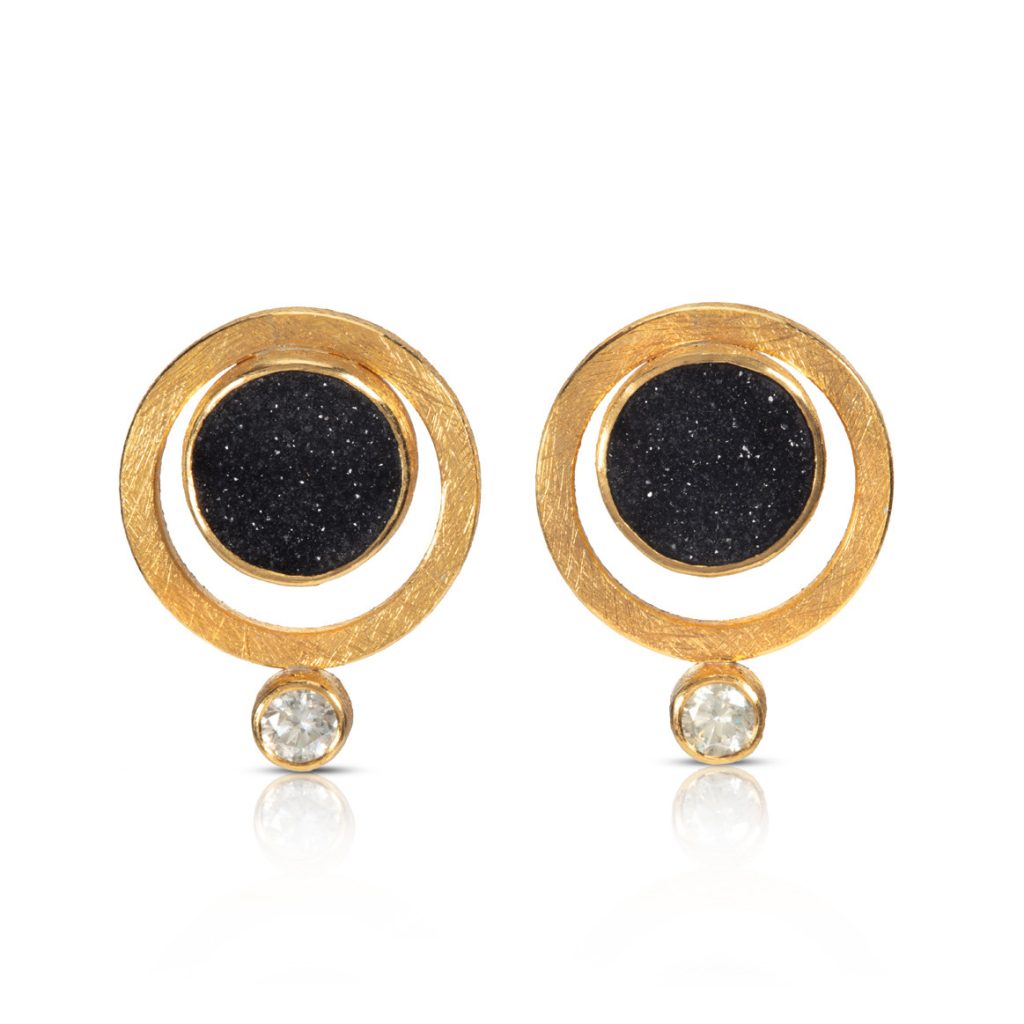 24ct Gold and Silver Earrings with Black Round Druzy Agate (10mm) and Diamonds (0.08ct, 3.7mm)