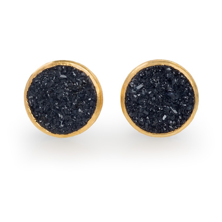 24ct Gold and Silver Earrings with Black Round Druzy Agate (6mm)