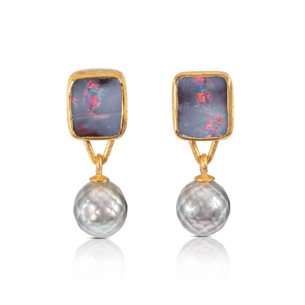 24ct Gold and Silver Earrings with Boulder Opal (11 x 9mm) and Light Grey Tahitian Pearls (9-9.5mm)