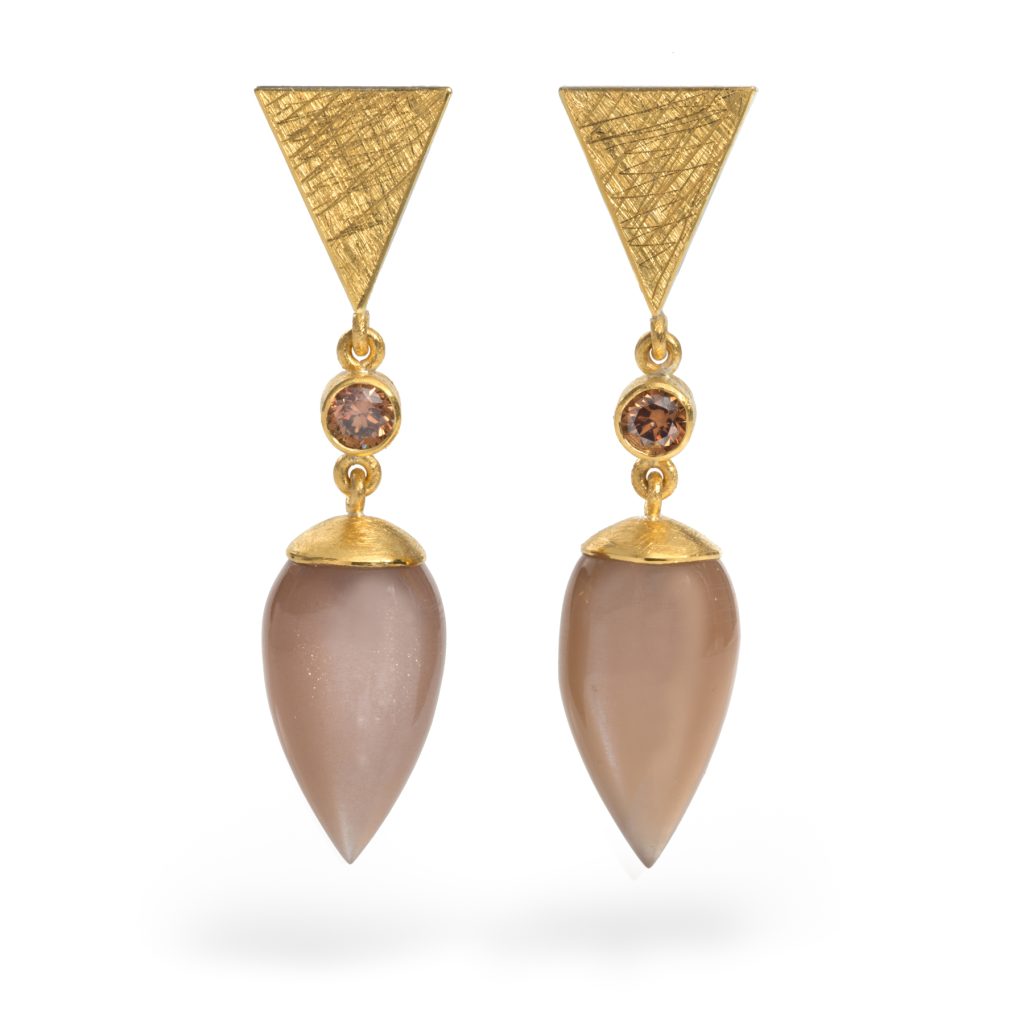 24ct Gold and Silver Earrings with Brown / Grey Moonstones and Brown Diamonds (0.38ct)