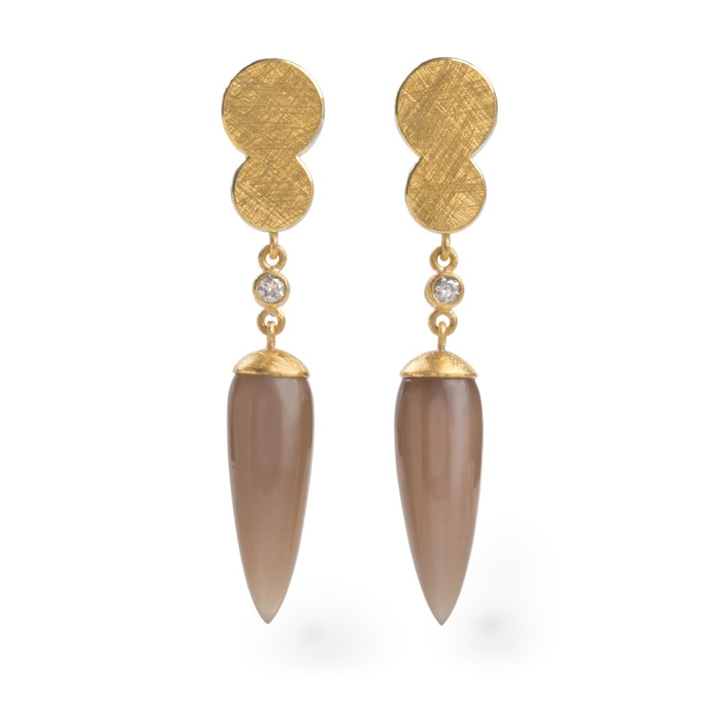 24ct Gold and Silver Earrings with Brown Moonstone and Round Grey Diamonds (0.15ct)