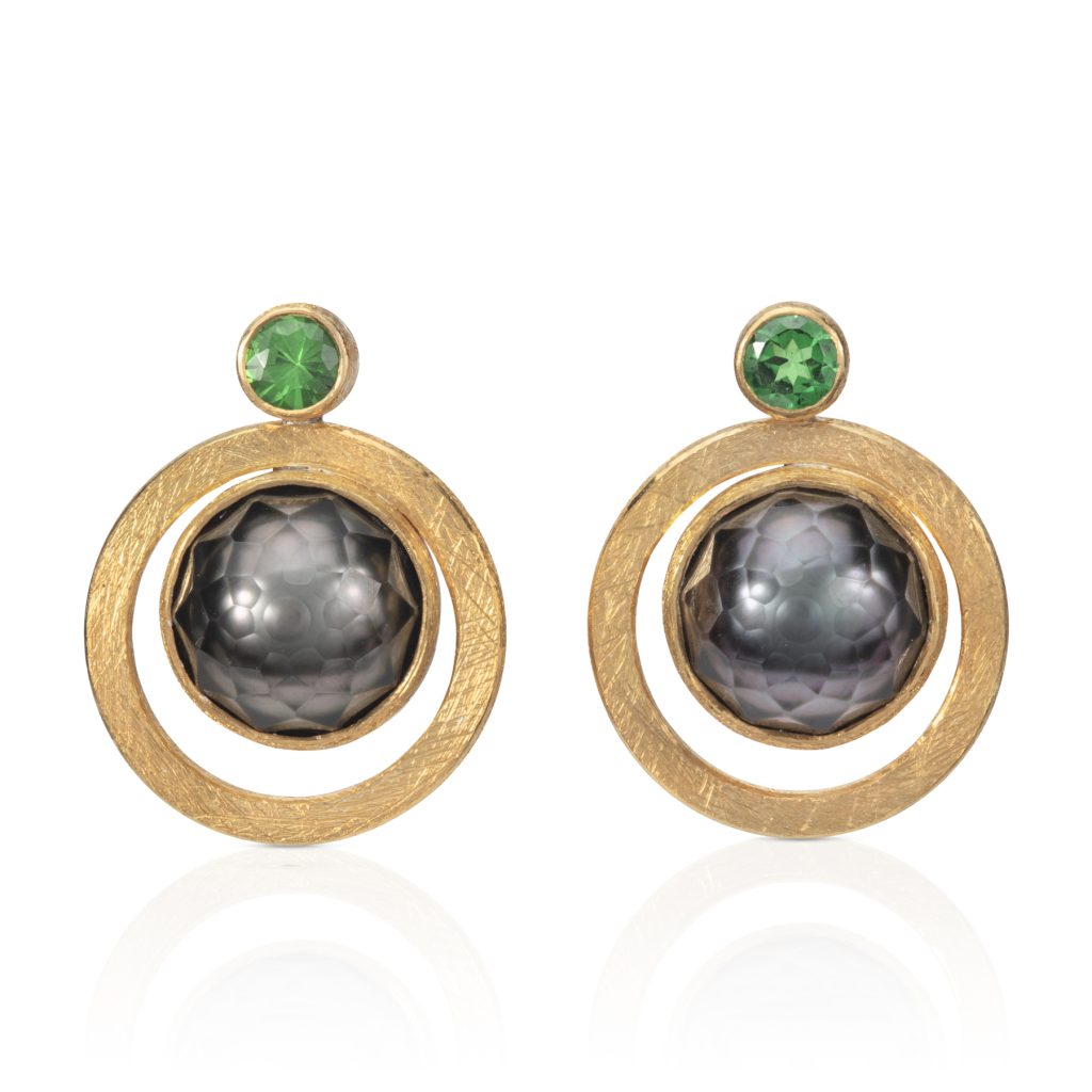 24ct Gold and Silver Earrings with Faceted Halfcut Tahitian Pearls (B+, 10mm) & Tsavorite and Outer Circle