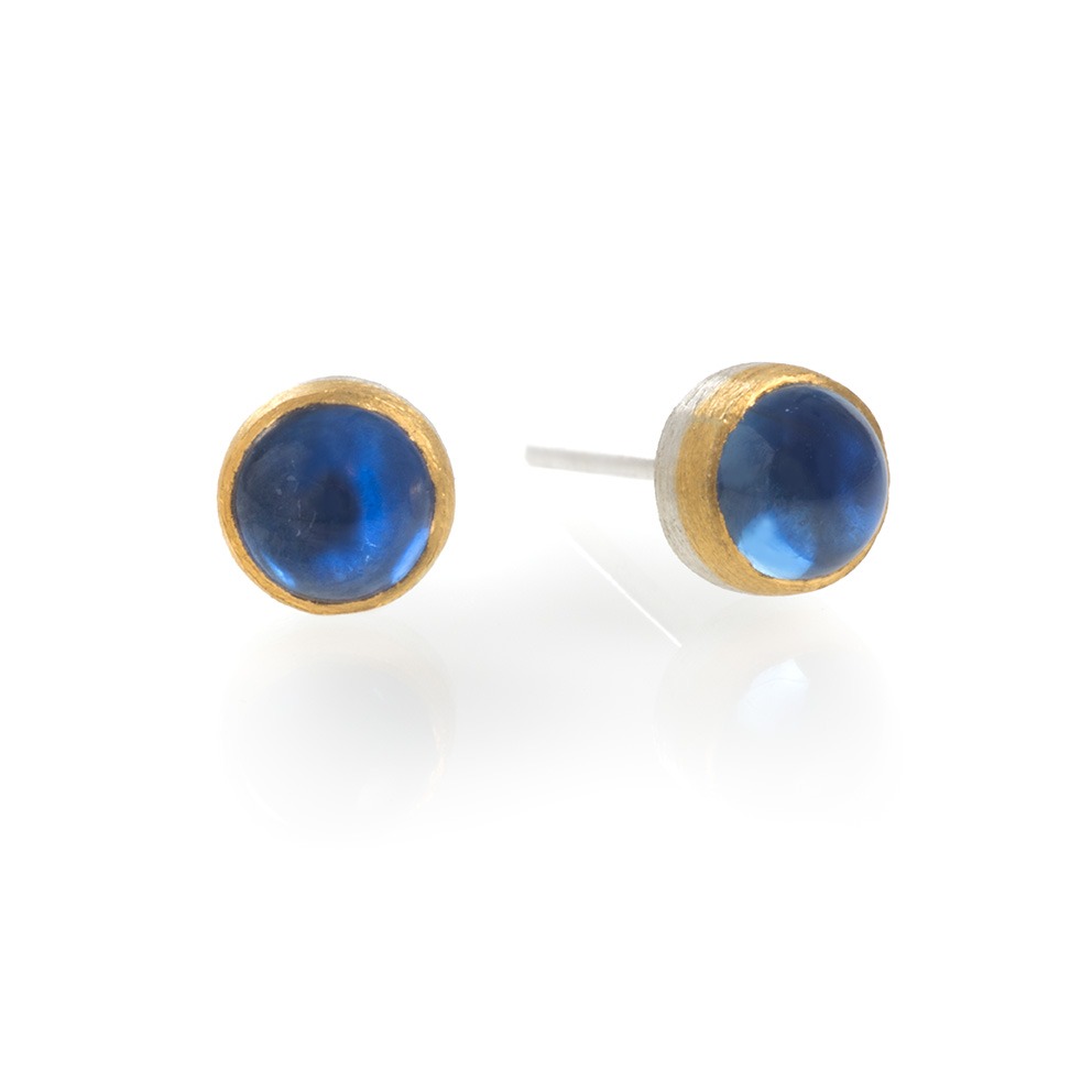 24ct Gold and Silver Earrings with Round Blue Sapphire Cabochon (5mm diameter)