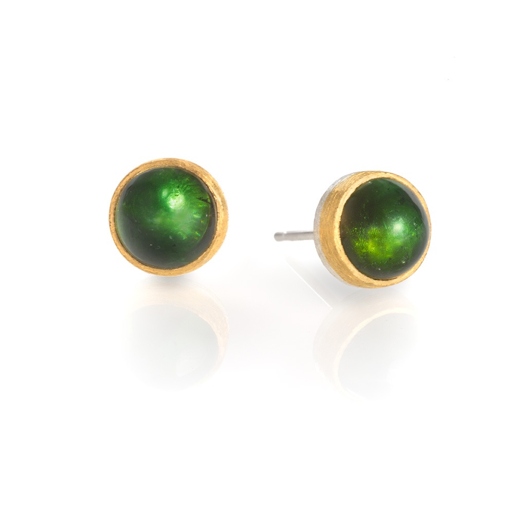24ct Gold and Silver Earrings with Round Green Tourmaline Cabochon (4mm diameter)