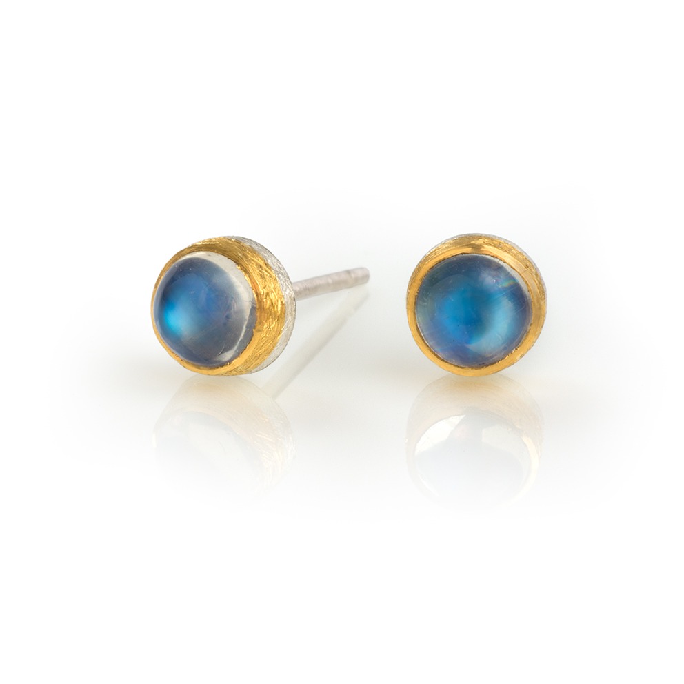 24ct Gold and Silver Earrings with Round Moonstone Cabochon (5mm diameter)