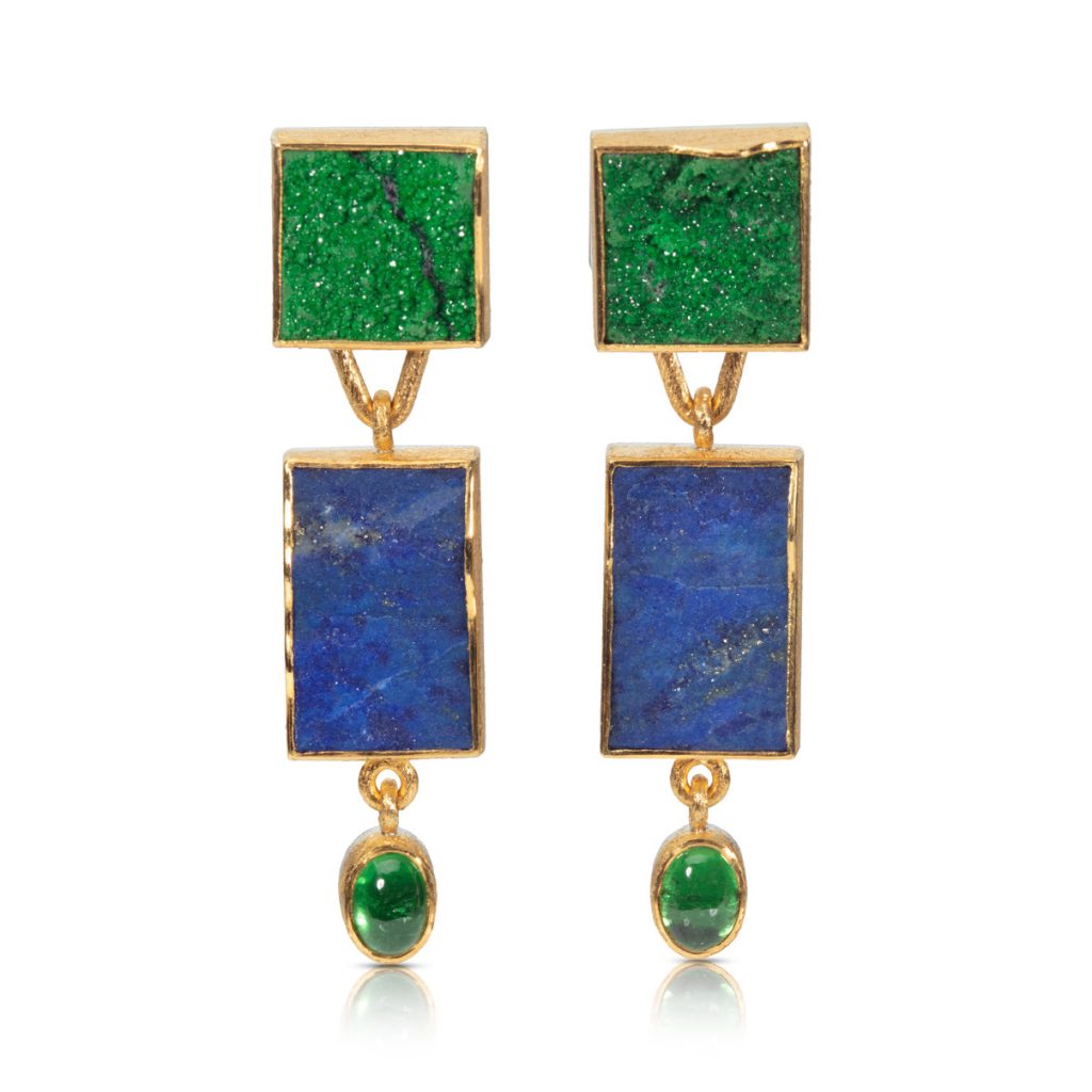 24ct Gold and Silver Earrings with Square Uvarovite (11x11mm), Rectangle Lapis Lazuli (11x16mm) and Oval Tsavorite (5.5x7mm, 1.73ct)
