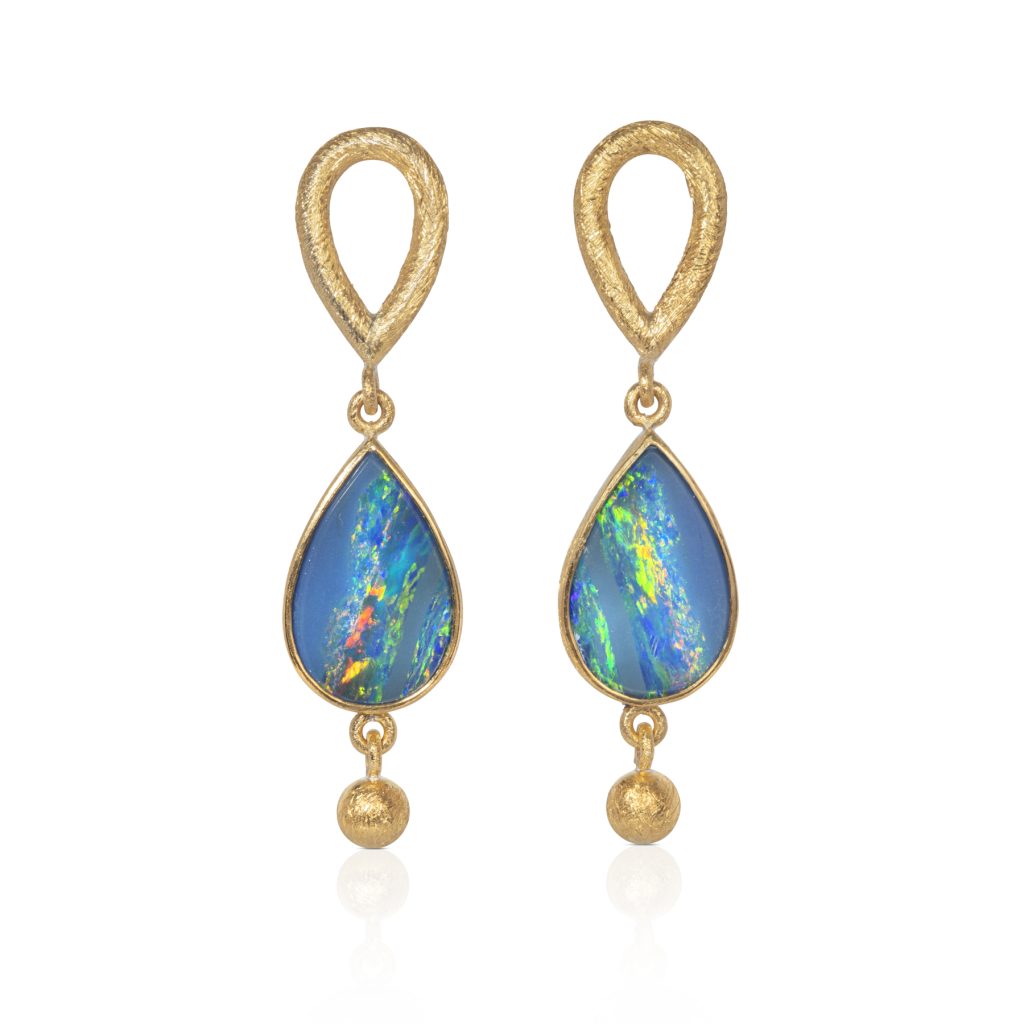 24ct Gold and Silver Earrings with Teardrop Opal (14 x 8.5mm) and Round Tsavorite (3.5mm) – Kite Shape Top