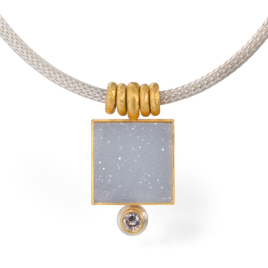 24ct Gold and Silver Necklace with White Druzy Agate and Round Diamond (0.39ct)