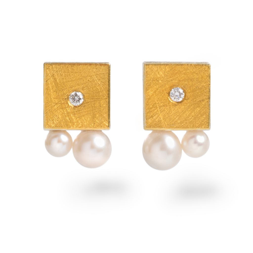 Silver and 22ct Gold Box Earrings with Diamonds and Freshwater Pearls